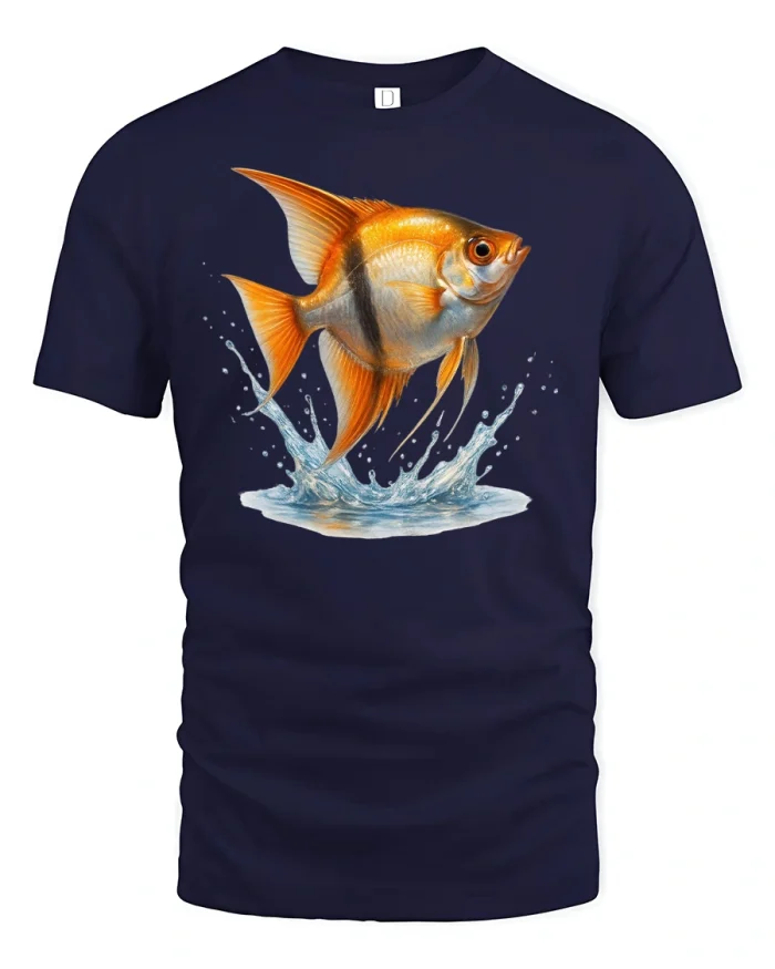 Splashing Goldfish Fishing Style T-Shirt - navy t-shirt on white background