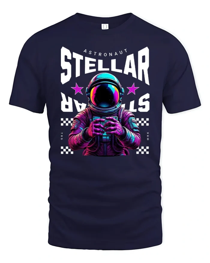 Stellar Astronaut Neon Space T-Shirt - navy t-shirt on white background
