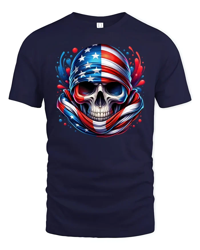 Patriotic Skull American Flag T-Shirt - navy t-shirt on white background