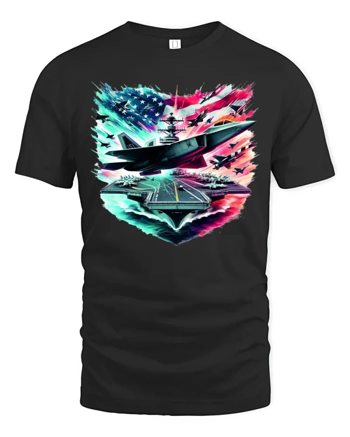 USA Aircraft Carrier Jet Tee - black t-shirt on white background