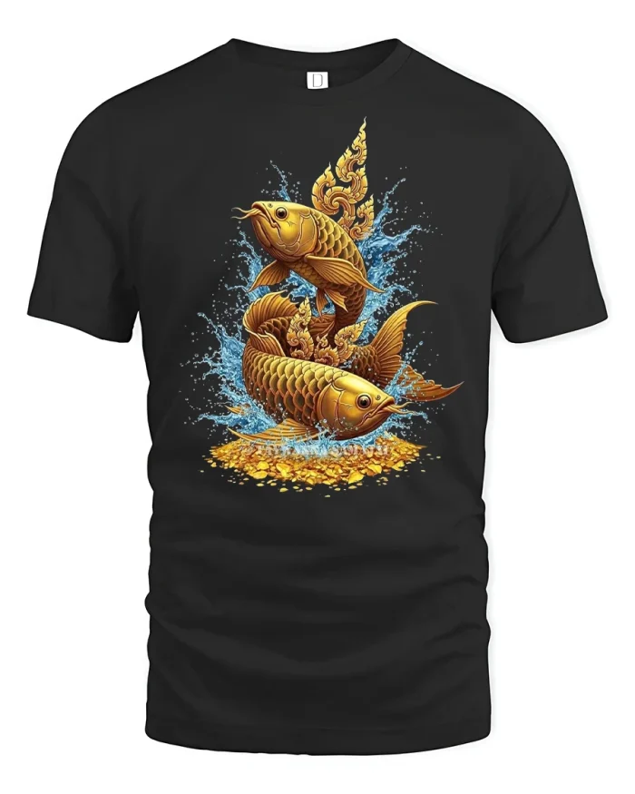 Golden Koi Fish Fortune T-Shirt - black t-shirt on white background