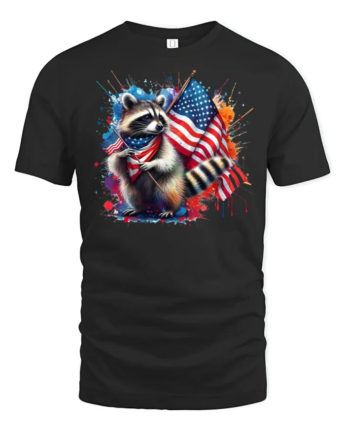 Patriotic Raccoon USA Flag T-Shirt - black t-shirt on white background