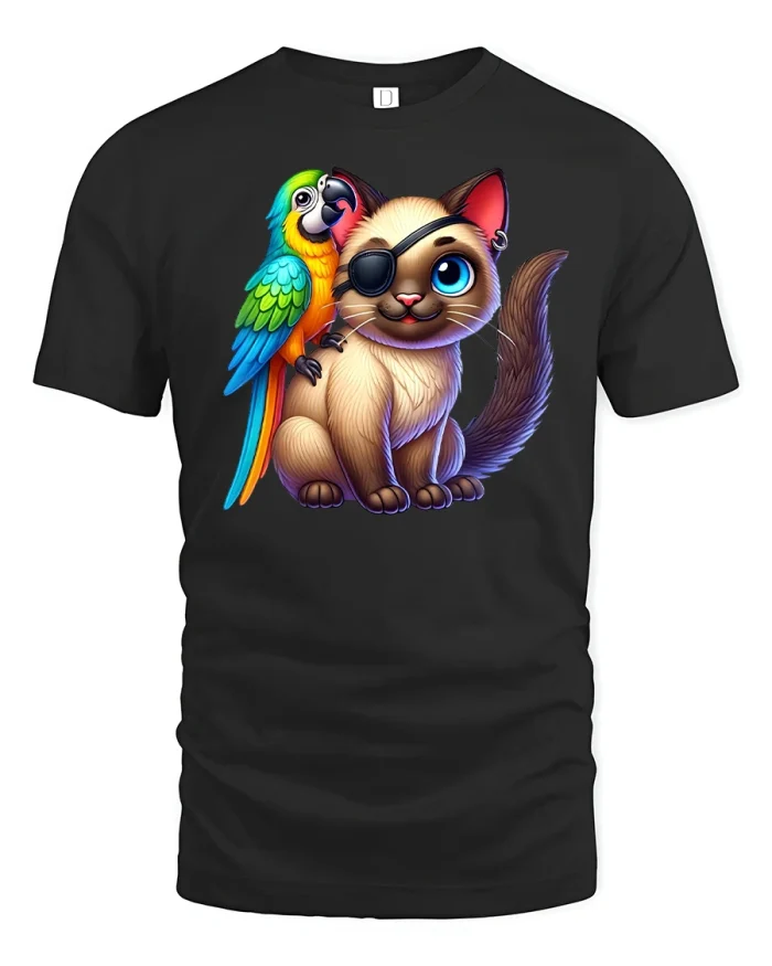 Pirate Cat and Parrot T-Shirt - black t-shirt on white background
