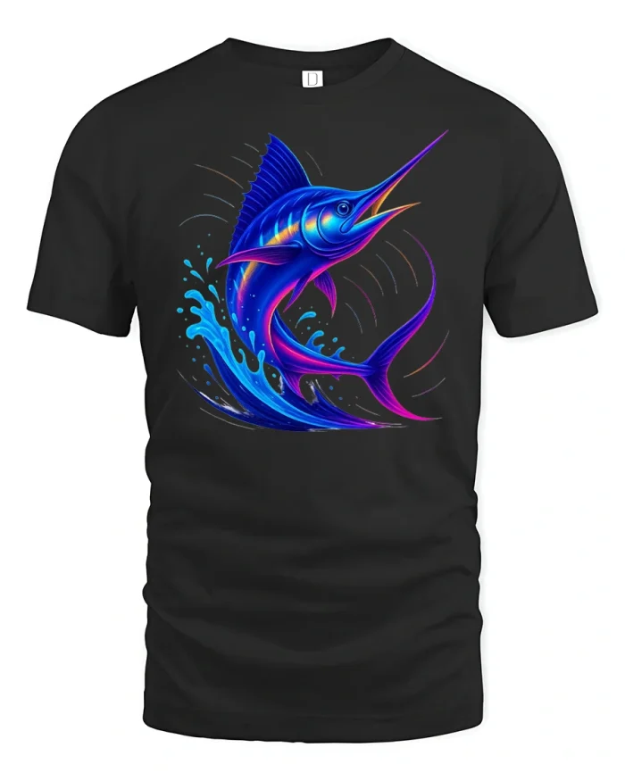 Neon Marlin Swordfish Splashing T-Shirt - black t-shirt on white background