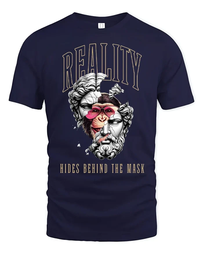 Reality Behind The Mask T-Shirt - navy t-shirt on white background