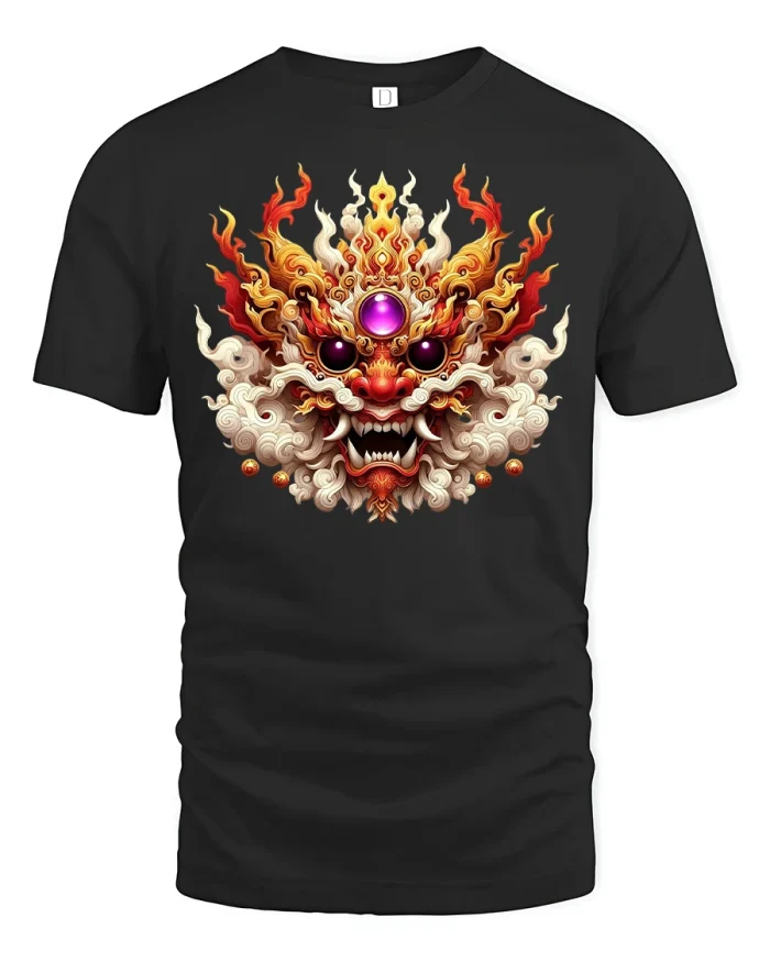 Fiery Dragon Mask Mythical Beast Power Graphic T-Shirt - black t-shirt on white background