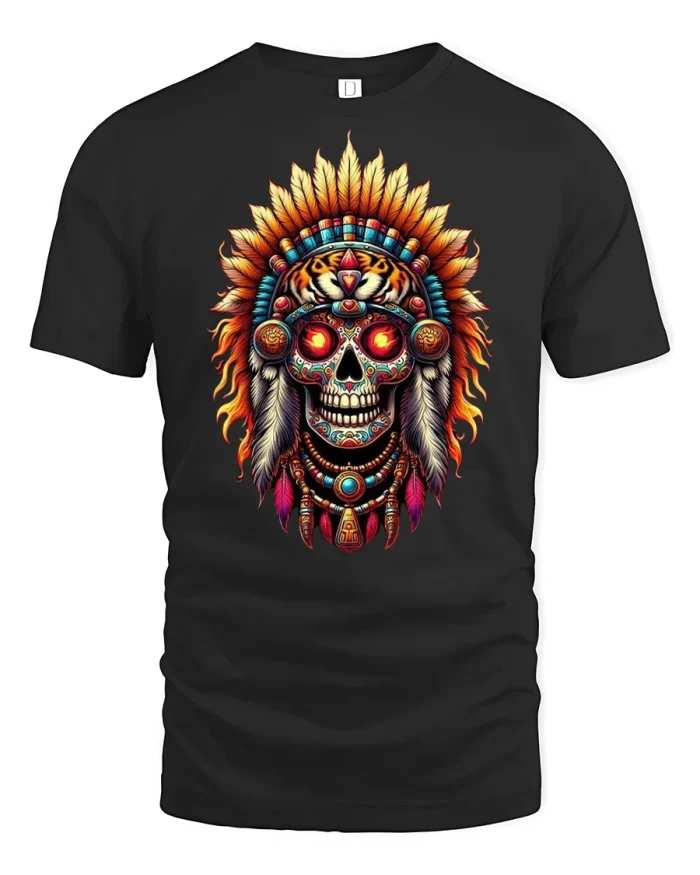 Fiery Skull Warrior Tribal Headdress Graphic T-Shirt - black t-shirt on white background