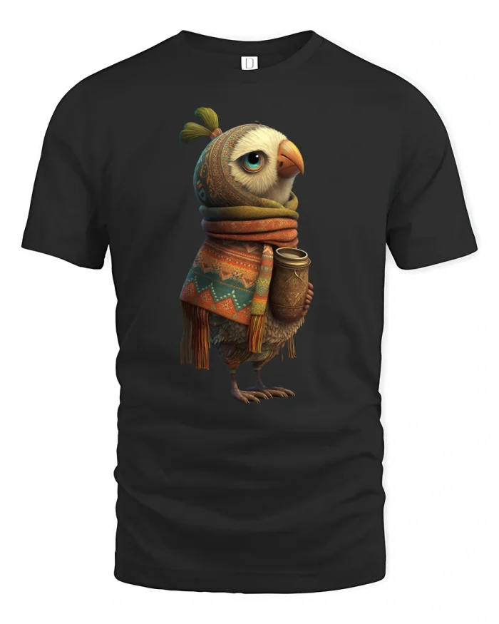 Cozy Bird Explorer Autumn Poncho Art Graphic T-Shirt - black t-shirt on white background