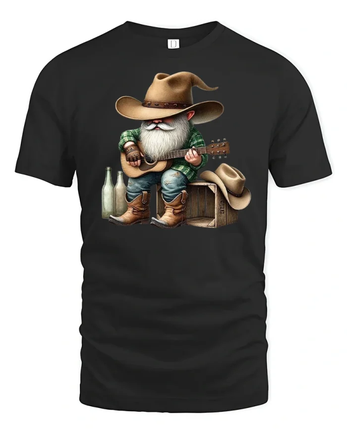 Cowboy Gnome Guitar Player Country Music Graphic Tee - black t-shirt on white background