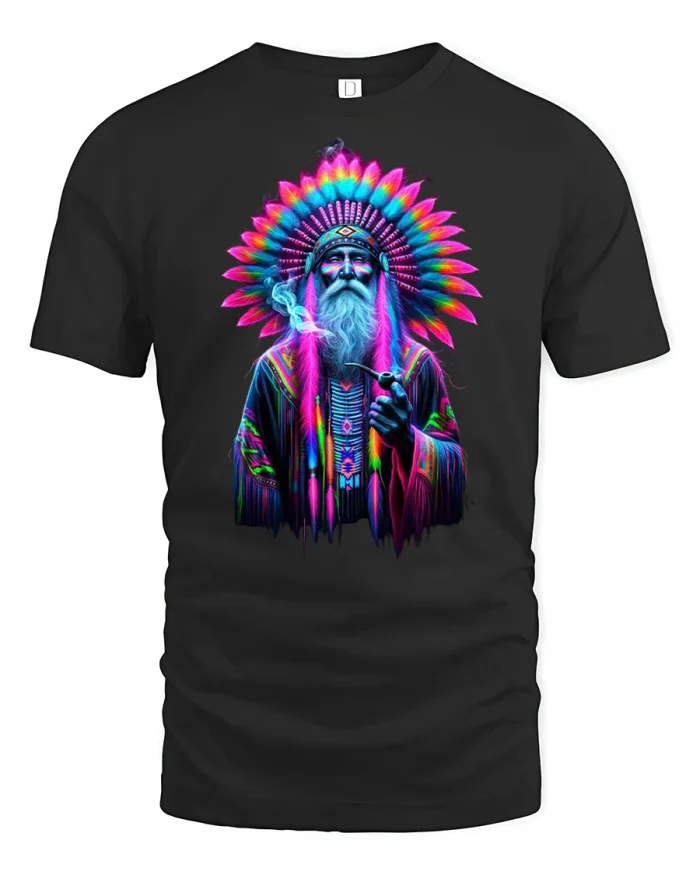 Psychedelic Tribal Elder Colorful Spirit Graphic Tee - black t-shirt on white background