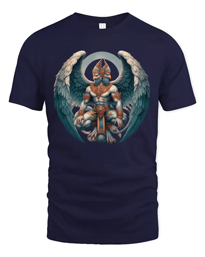 Divine Winged Warrior Mythical Guardian Graphic Tee - navy t-shirt on white background