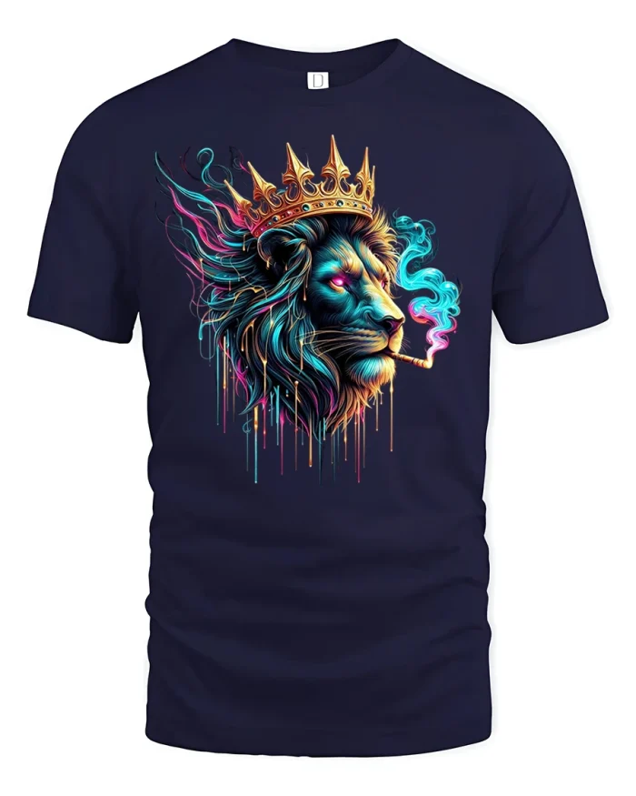 Neon Lion King Crowned Smoke Art Cool Graphic Tee - navy t-shirt on white background