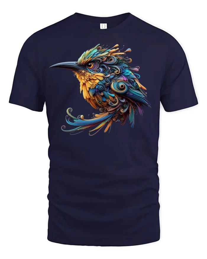 Vibrant Artistic Bird Swirl Feathers Graphic T-Shirt - navy t-shirt on white background