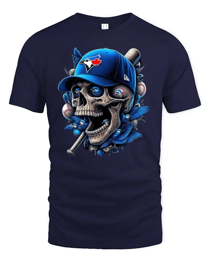 Blue Skull Baseball King Art Cool Graphic T-Shirt - navy t-shirt on white background
