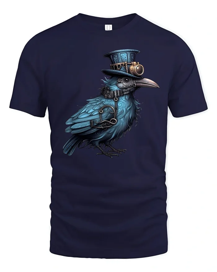 Steampunk Crow Gear Top Hat Bird Art Graphic T-Shirt - navy t-shirt on white background