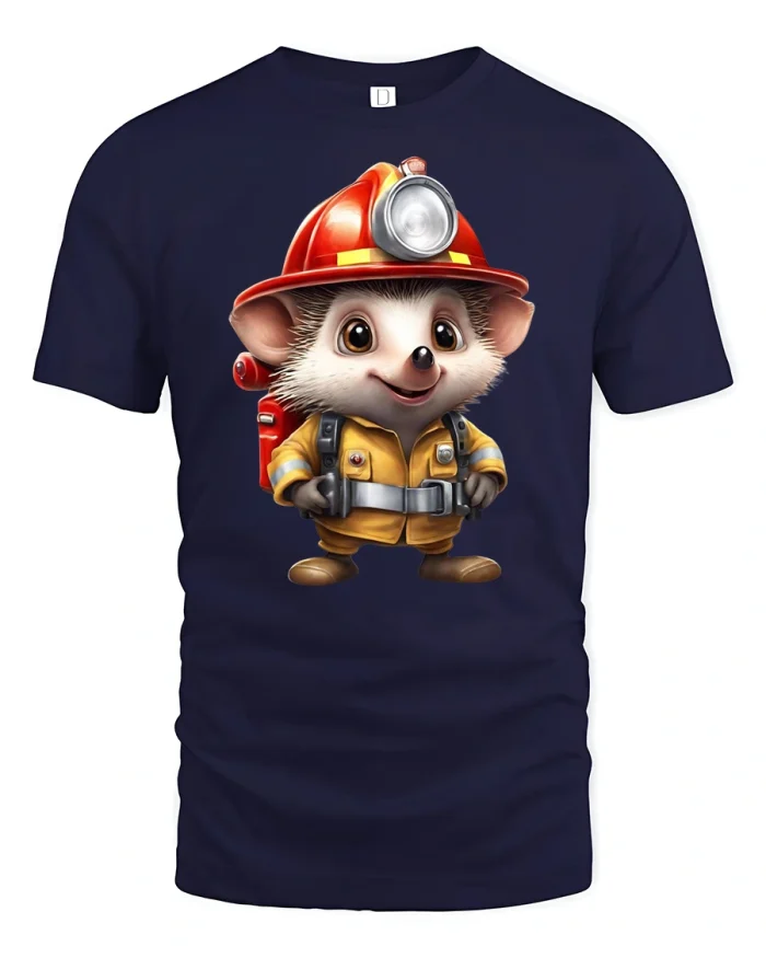 Cute Firefighter Hedgehog Hero Cartoon Graphic T-Shirt - navy t-shirt on white background