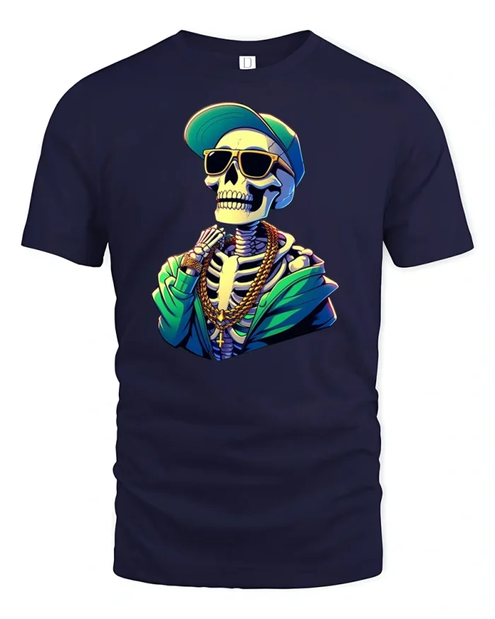Cool Skeleton Rapper Chains Hip Hop Graphic T-Shirt - navy t-shirt on white background