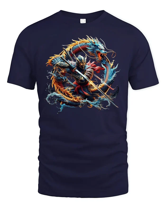 Samurai Warrior vs Dragon Epic Battle Art T-Shirt - navy t-shirt on white background