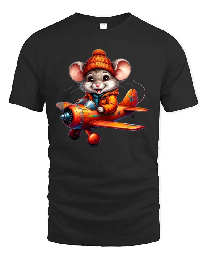 Cute Mouse Pilot T-Shirt with Airplane Adventure - black t-shirt on white background