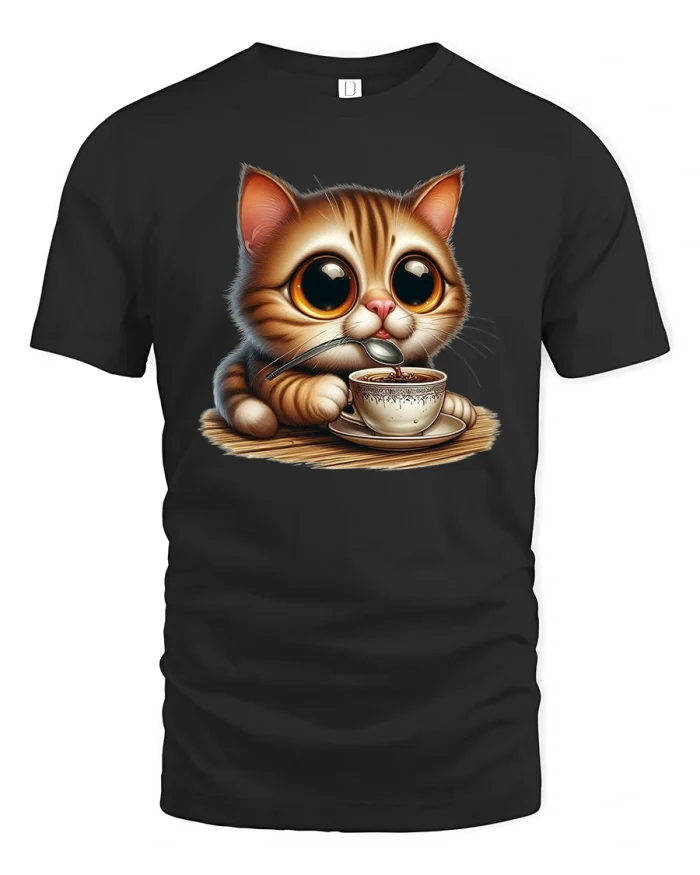 Cute Coffee Cat Lover T-Shirt with Big Eyes Print - black t-shirt on white background