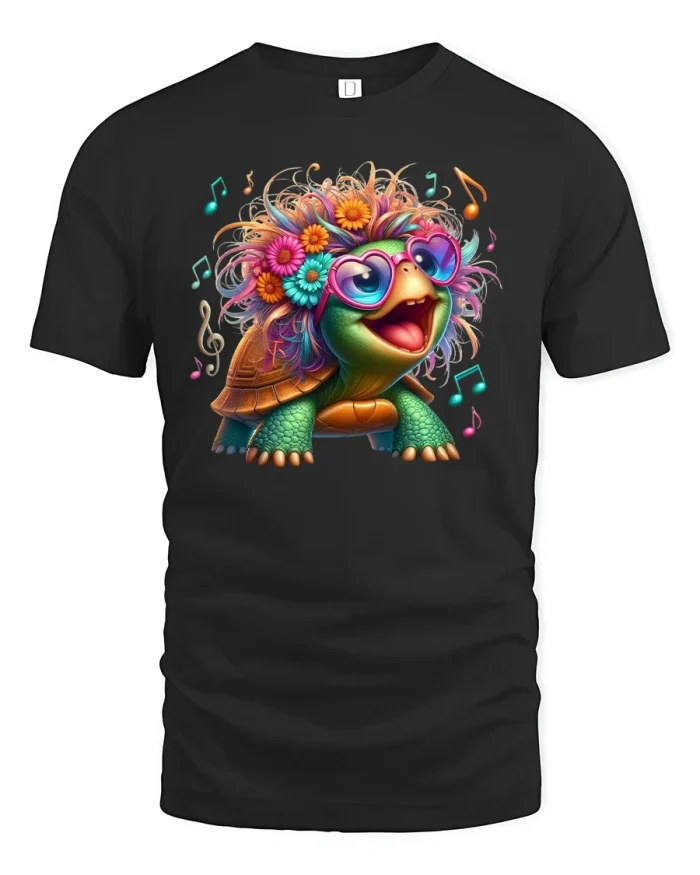 Funky Music Turtle T-Shirt with Colorful Vibes - black t-shirt on white background