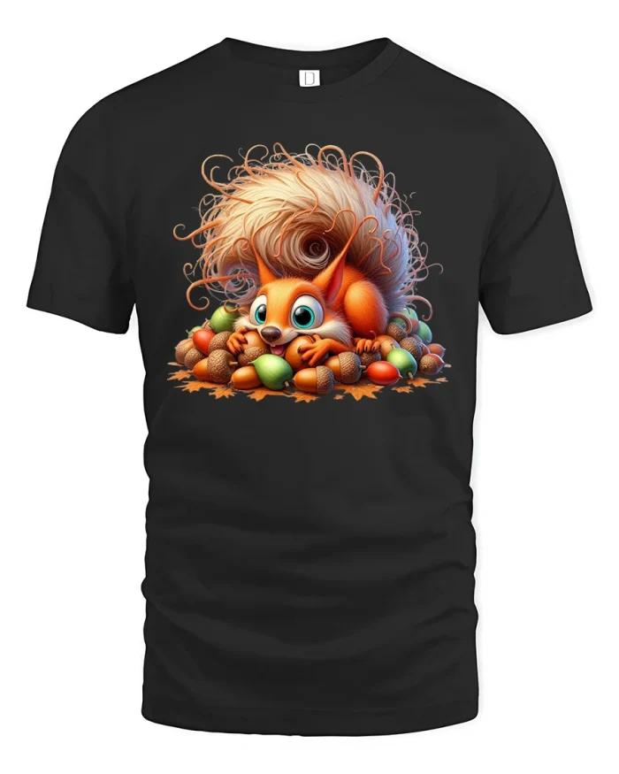 Cute Autumn Squirrel T-Shirt with Acorns Print - black t-shirt on white background