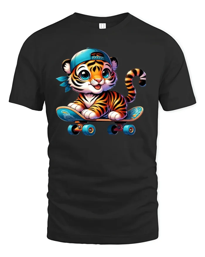 Cool Skateboard Tiger T-Shirt for Fun Animal Fans - black t-shirt on white background