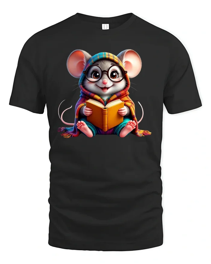 Cute Book Lover Mouse T-Shirt with Glasses Print - black t-shirt on white background