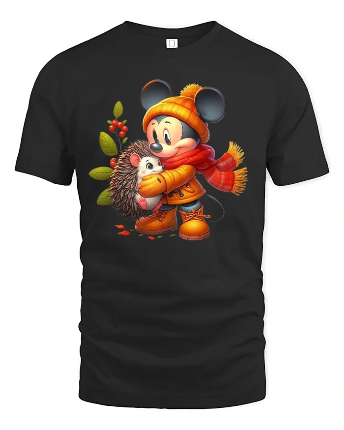 Cute Winter Mouse and Hedgehog Friends T-Shirt - black t-shirt on white background