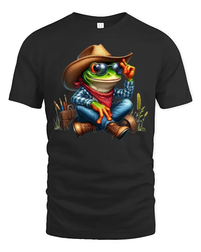 Funny Cowboy Frog T-Shirt with Cool Western Style - black t-shirt on white background