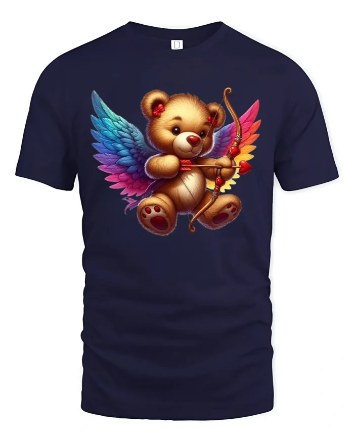 Cute Cupid Bear T-Shirt with Rainbow Wings Design - navy t-shirt on white background