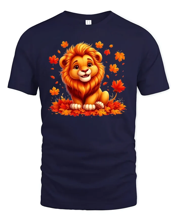 Cute Autumn Lion T-Shirt with Fall Leaves Print - navy t-shirt on white background
