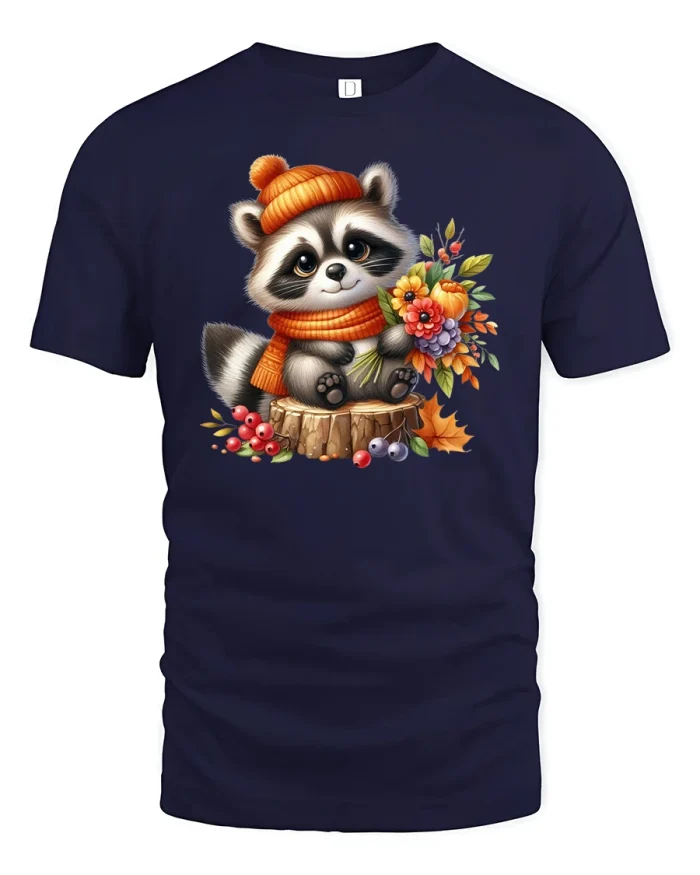 Cute Autumn Raccoon T-Shirt with Flowers Print - navy t-shirt on white background