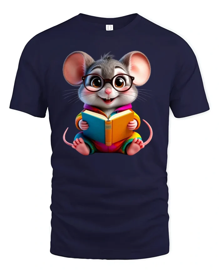 Cute Smart Mouse T-Shirt with Book and Glasses Print - navy t-shirt on white background
