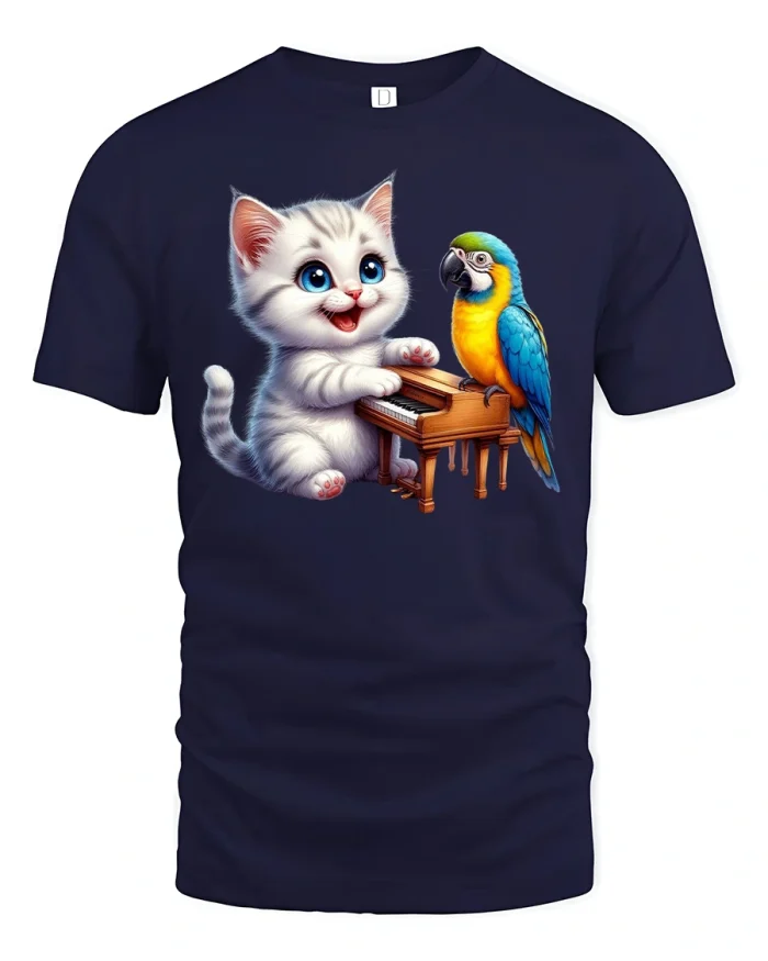 Cute Kitten Piano and Parrot Music T-Shirt Gift - navy t-shirt on white background