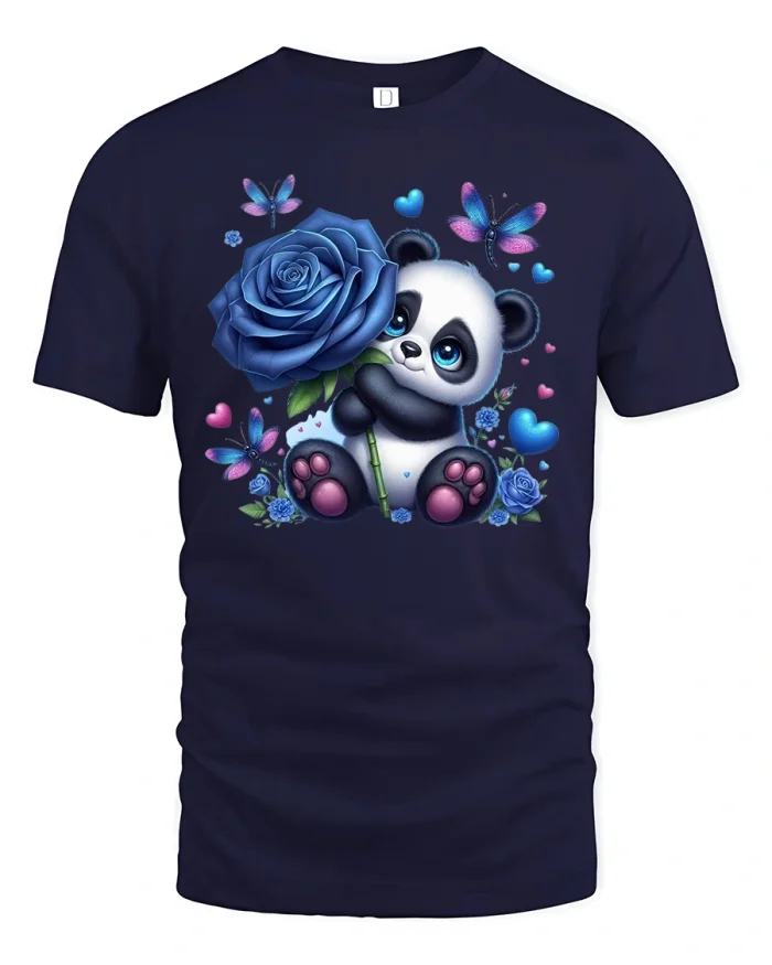 Cute Panda with Blue Rose T-Shirt for Animal Lovers - navy t-shirt on white background