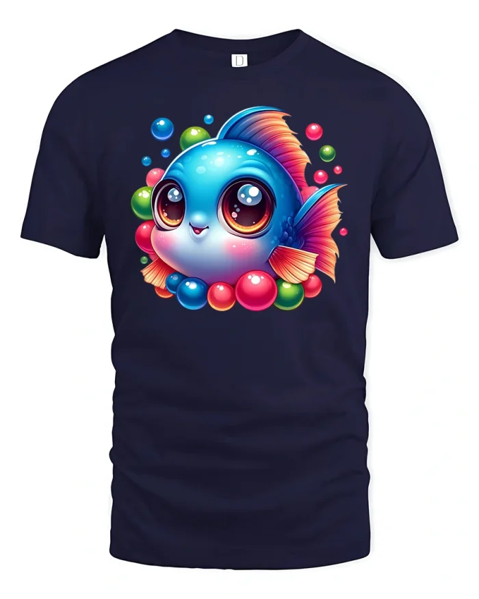 Cute Colorful Fish T-Shirt with Big Eyes Design - navy t-shirt on white background