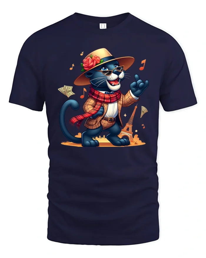 Cool Paris Cat T-Shirt with Hat and Sunglasses Style - navy t-shirt on white background