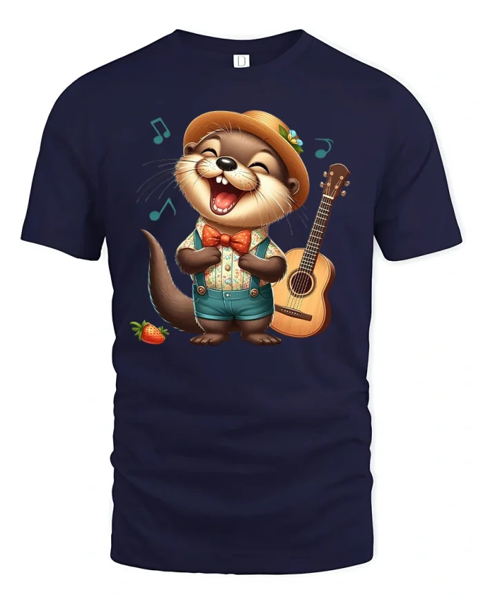 Funny Singing Otter T-Shirt with Guitar Design - navy t-shirt on white background
