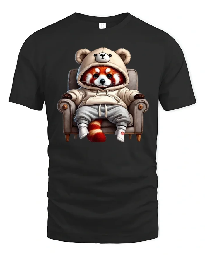 Funny Lazy Red Panda T-Shirt with Cozy Hoodie Print - black t-shirt on white background