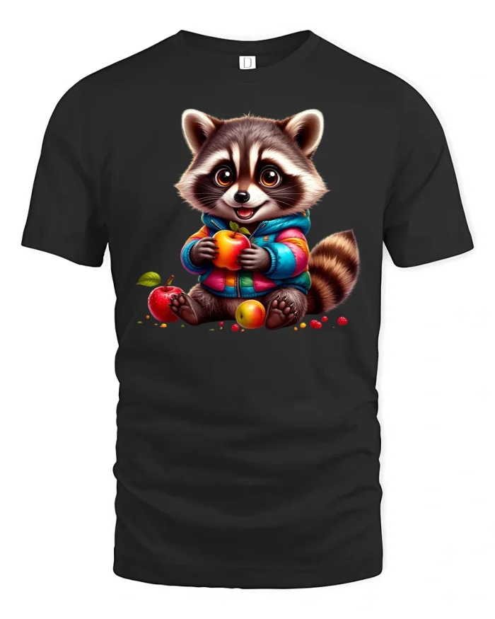 Cute Raccoon T-Shirt with Apple and Berry Design - black t-shirt on white background