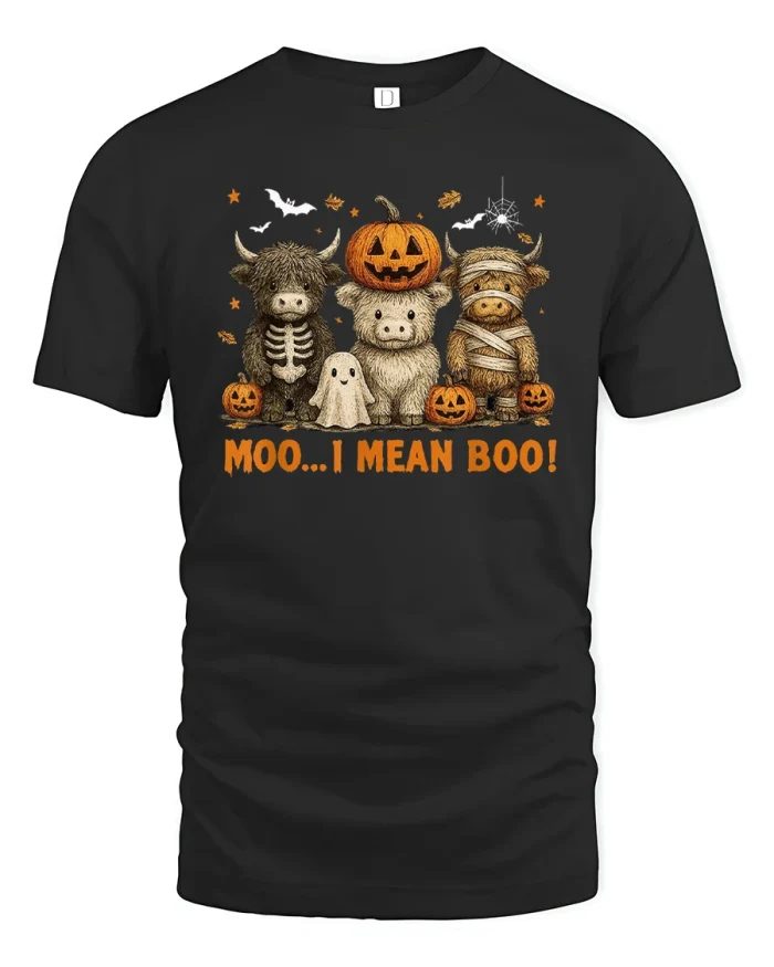 Funny Cow Halloween T-Shirt Moo I Mean Boo Design - black t-shirt on white background