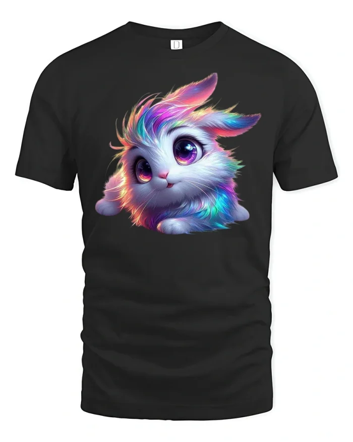 Cute Rainbow Bunny T-Shirt with Adorable Pastel Print - black t-shirt on white background