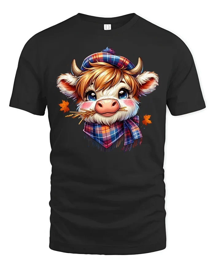 Cute Highland Cow T-Shirt with Plaid Scarf Design - black t-shirt on white background
