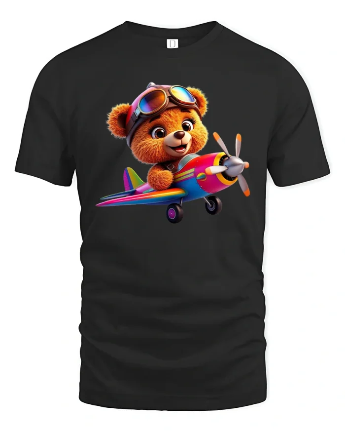 Cute Aviator Bear T-Shirt Flying Airplane Design - black t-shirt on white background