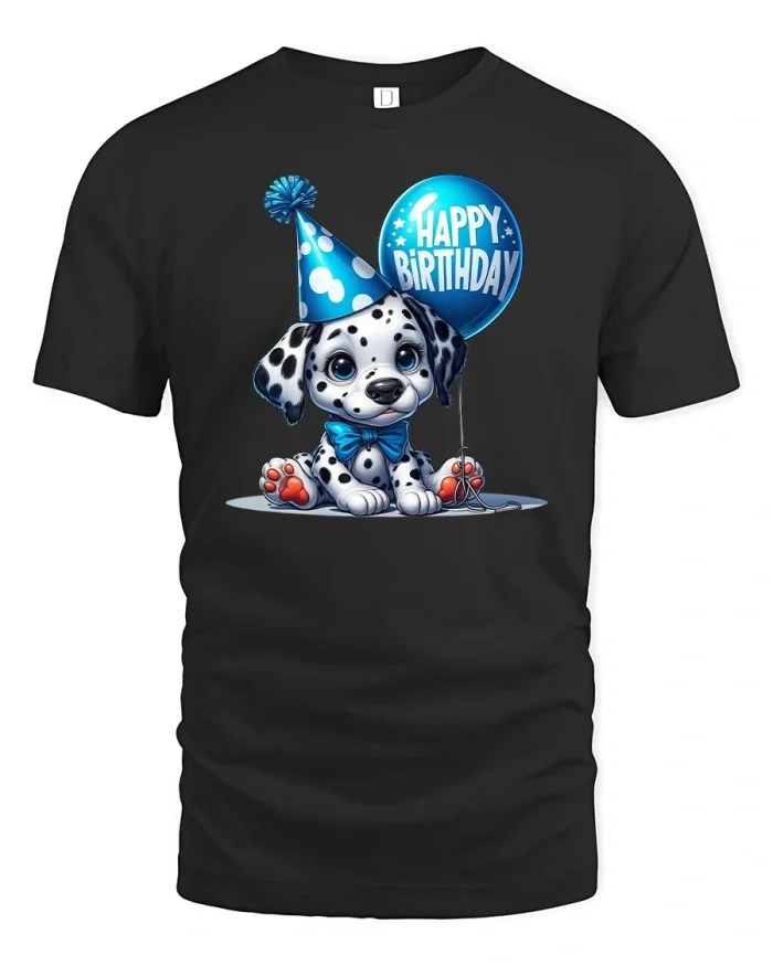 Cute Birthday Dalmatian T-Shirt with Balloon Print - black t-shirt on white background