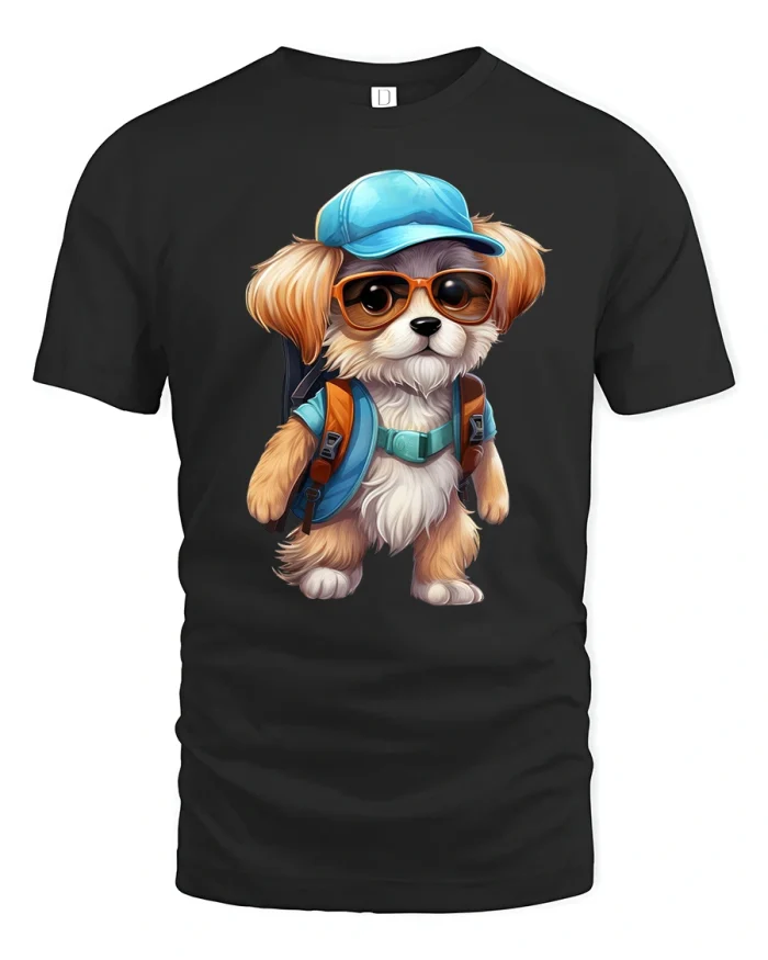 Cool Traveler Dog T-Shirt with Backpack and Shades - black t-shirt on white background