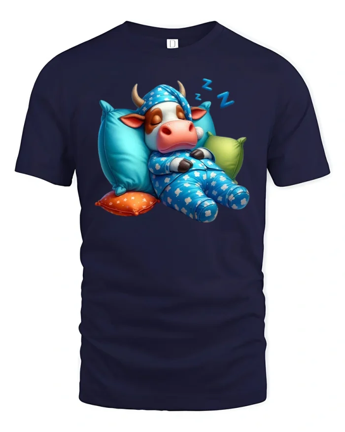 Sleepy Cow Pajama T-Shirt Funny Bedtime Gift Tee - navy t-shirt on white background