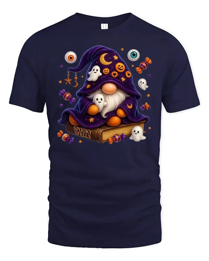 Spooky Halloween Gnome T-Shirt with Ghosts and Candy - navy t-shirt on white background