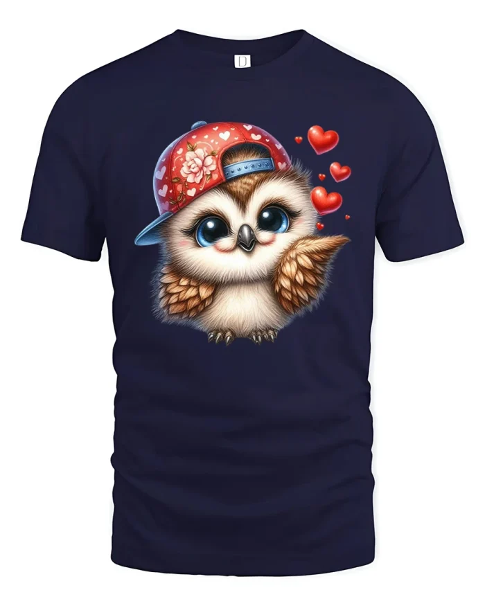 Cute Owl T-Shirt with Hearts Funny Valentine Gift Tee - navy t-shirt on white background